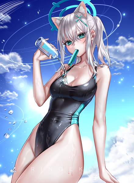 Anime-Bild 3000x4095 mit blue archive shiroko (blue archive) shiroko (swimsuit) (blue archive) ringeko-chan single long hair tall image looking at viewer blush fringe highres breasts blue eyes light erotic hair between eyes standing holding signed animal ears sky