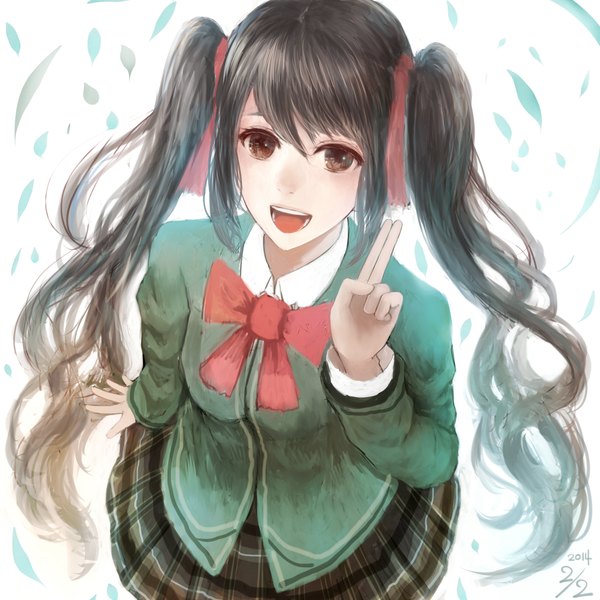 Anime picture 2222x2222 with original bounin long hair fringe highres breasts open mouth simple background brown hair white background twintails brown eyes from above inscription plaid skirt happy wavy hair plaid girl skirt