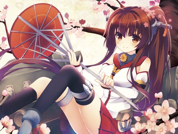 Anime picture 1200x900 with kantai collection yamato super battleship kanora single long hair looking at viewer blush smile brown hair brown eyes ponytail cherry blossoms girl thighhighs skirt hair ornament flower (flowers) black thighhighs plant (plants) petals