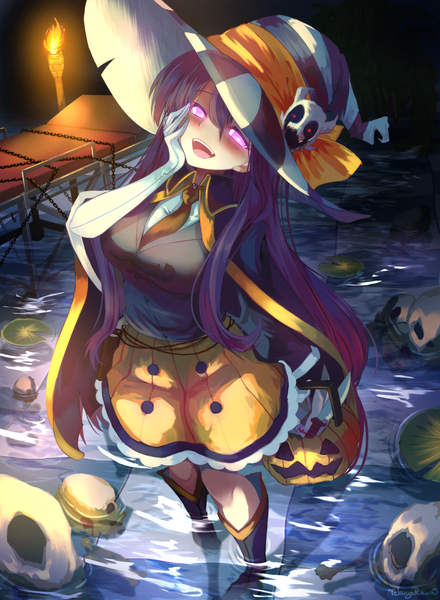 Anime-Bild 1197x1633 mit doki doki literature club yuri (doki doki literature club) takuyarawr single long hair tall image blush fringe open mouth smile hair between eyes standing purple eyes signed purple hair from above alternate costume partially submerged glowing halloween