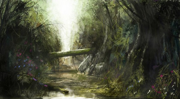Anime picture 1600x885 with original tiger1313 wide image river nature flower (flowers) plant (plants) tree (trees) water grass forest