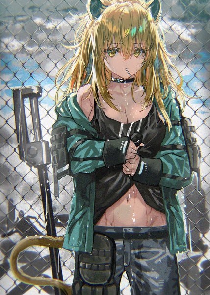 Anime picture 856x1200 with arknights siege (arknights) ranou single long hair tall image looking at viewer fringe breasts blonde hair hair between eyes large breasts standing animal ears yellow eyes payot sky cleavage cloud (clouds) outdoors