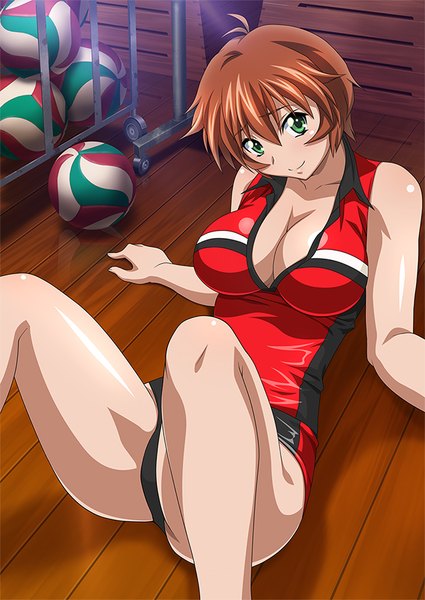 Anime picture 600x847 with ikkitousen chinkyuu koudai single tall image looking at viewer short hair breasts light erotic brown hair green eyes cleavage gym storeroom girl uniform gym uniform ball vaulting horse