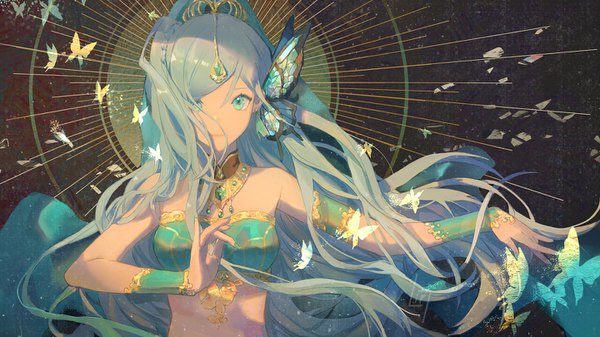 Anime picture 1440x810 with vocaloid synthesizer v cangqiong lirseven single long hair looking at viewer wide image upper body aqua eyes grey hair expressionless dancing girl hair ornament insect butterfly crop top butterfly hair ornament gorget