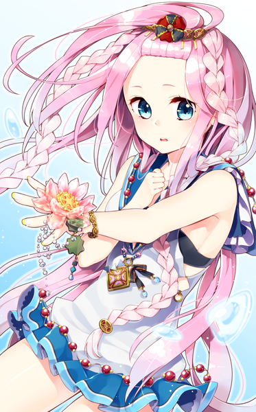 Anime picture 892x1436 with original sakuragi ren single long hair tall image looking at viewer open mouth blue eyes bare shoulders pink hair braid (braids) half updo girl dress hair ornament flower (flowers) bubble (bubbles)