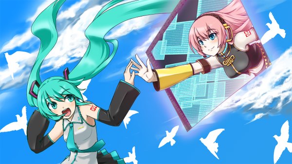 Anime picture 1280x720 with vocaloid hatsune miku megurine luka long hair open mouth wide image multiple girls pink hair aqua eyes aqua hair girl 2 girls