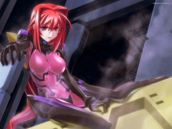 Anime picture 1600x1200 with muv-luv alternative muv-luv kagami sumika bou single long hair open mouth light erotic red eyes red hair smoke girl blood bodysuit