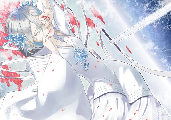 Anime picture 1403x992 with bleach studio pierrot kuchiki rukia trdan short hair silver hair white hair lying on back grey eyes girl dress ribbon (ribbons) weapon petals sword white dress snowflake (snowflakes) ice