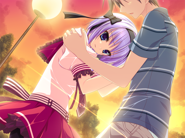 Anime picture 1280x960 with hoshizora e kakaru hashi doga kobo hinata ibuki short hair blue eyes brown hair game cg purple hair profile couple hug evening sunset no face faceless male girl boy uniform hair ornament bow