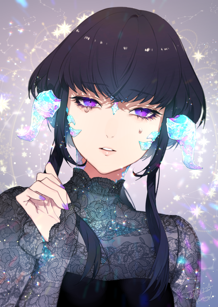 Anime picture 1000x1412 with final fantasy final fantasy xiv square enix au ra kurono yuu single tall image looking at viewer fringe short hair black hair simple background purple eyes signed payot blunt bangs nail polish parted lips horn (horns) fingernails