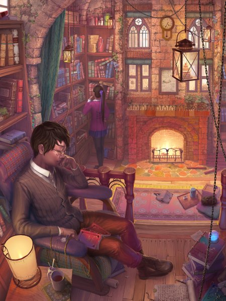 Anime picture 1860x2481 with original reishin long hair tall image highres short hair brown hair sitting ponytail detailed girl boy plant (plants) glasses book (books) chain cat clock cup fire