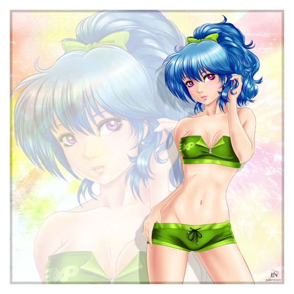 Anime picture 3000x3000 with thenightwishmaster single highres short hair light erotic bare shoulders blue hair looking away pink eyes lips bare belly midriff hand on hip girl navel bow hair bow