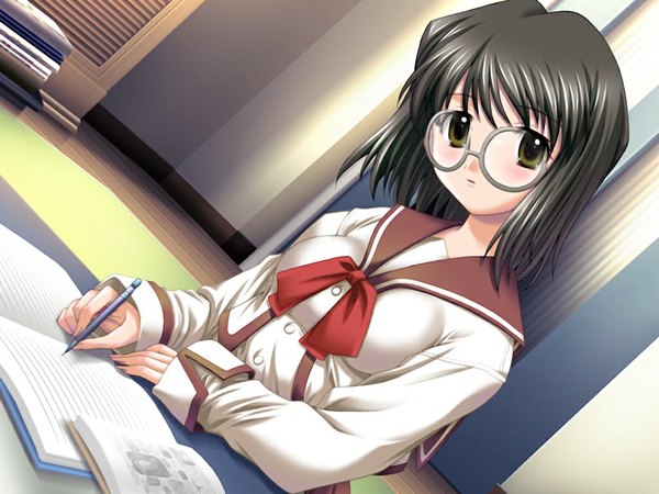 Anime picture 1024x768 with harem days (game) short hair black hair green eyes game cg girl glasses serafuku