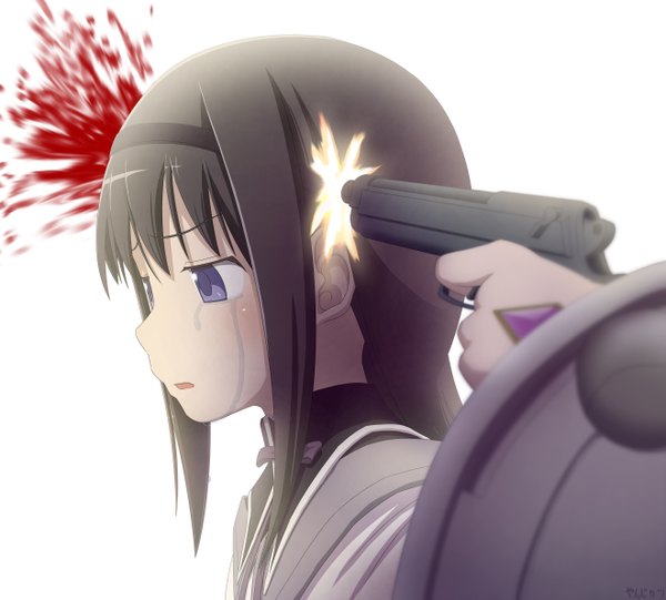 Anime picture 1320x1191 with mahou shoujo madoka magica shaft (studio) akemi homura yanzikatu long hair open mouth black hair simple background white background purple eyes looking away crying girl bow gun blood pistol