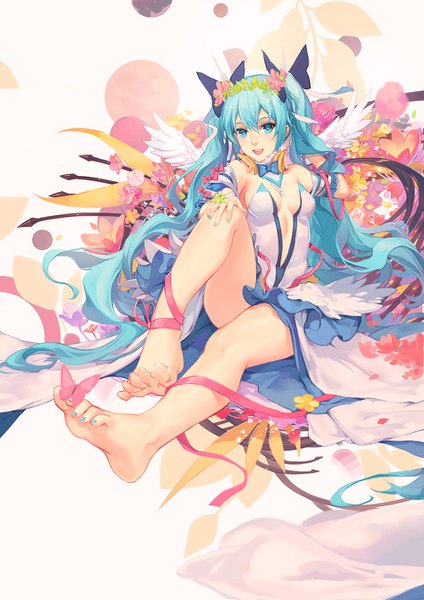 Anime picture 950x1344 with vocaloid hatsune miku atdan single tall image looking at viewer fringe open mouth light erotic smile hair between eyes sitting twintails cleavage full body bent knee (knees) very long hair nail polish :d barefoot