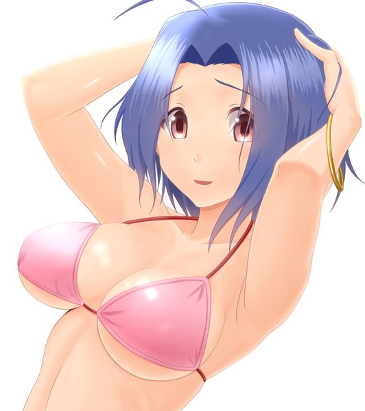 Anime picture 1983x2236 with idolmaster miura azusa taka (takahirokun) single tall image looking at viewer blush highres short hair breasts light erotic simple background red eyes large breasts white background purple hair ahoge shiny skin hands on head girl