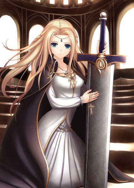Anime picture 2111x2975 with tartaros online anais rhy1356 single long hair tall image looking at viewer highres blue eyes blonde hair light smile girl dress cloak cross huge weapon huge sword