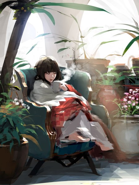 Anime picture 707x945 with original mujiha (mlog) single long hair tall image brown hair sitting holding ahoge blunt bangs eyes closed barefoot lips blurry no shoes steam girl flower (flowers) plant (plants) tree (trees)