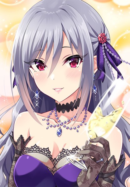 Anime picture 835x1200 with idolmaster idolmaster cinderella girls kanzaki ranko urabi (tomatohouse) single long hair tall image looking at viewer blush fringe breasts smile hair between eyes red eyes bare shoulders holding payot cleavage upper body parted lips