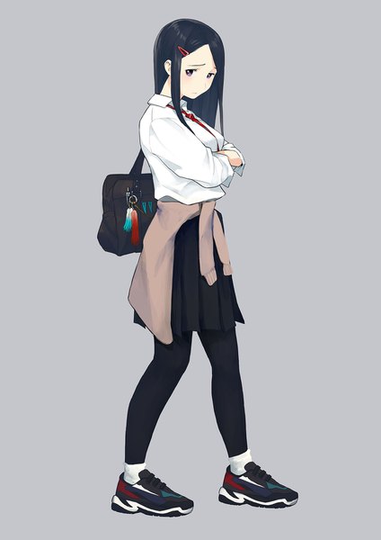 Anime picture 1200x1697 with original morifumi single long hair tall image looking at viewer blush fringe black hair simple background standing payot full body long sleeves pleated skirt grey background crossed arms clothes around waist girl skirt