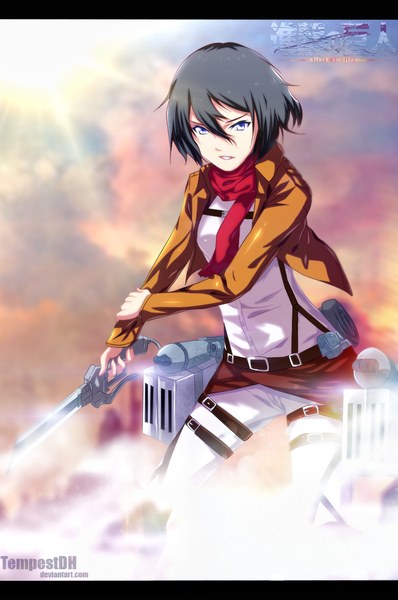 Anime picture 724x1092 with shingeki no kyojin production i.g mikasa ackerman tempestdh single tall image looking at viewer short hair blue eyes black hair sky cloud (clouds) coloring girl weapon sword jacket belt scarf thigh strap