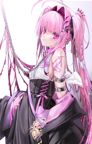 Anime picture 3856x6000 with original veinte (unxi) lilith (unxi) unxi single tall image looking at viewer blush fringe highres breasts light erotic simple background hair between eyes standing white background twintails payot pink hair absurdres