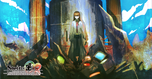 Anime picture 1920x1000 with steins;gate white fox makise kurisu huke single long hair looking at viewer highres blue eyes brown hair wide image inscription girl shirt necktie shorts phone labcoat television satellite
