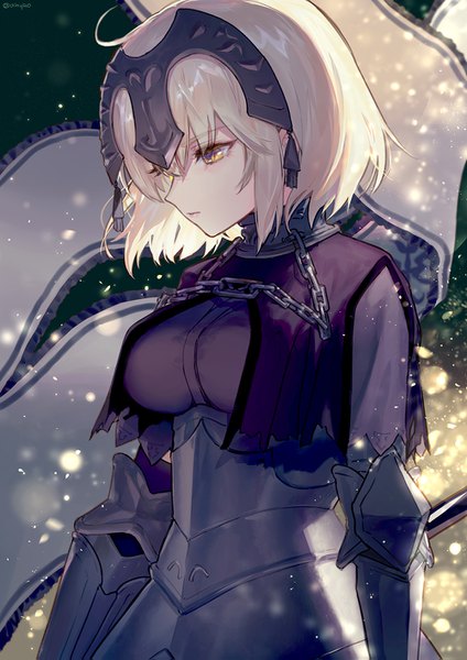 Anime picture 1000x1415 with fate (series) fate/grand order jeanne d'arc (fate) (all) jeanne d'arc alter (fate) ainy single tall image fringe short hair breasts blonde hair hair between eyes standing signed yellow eyes silver hair ahoge profile twitter username looking down