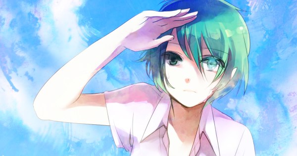 Anime picture 1200x630 with original horiizumi inko single short hair wide image aqua eyes green hair open clothes open shirt blue background salute girl