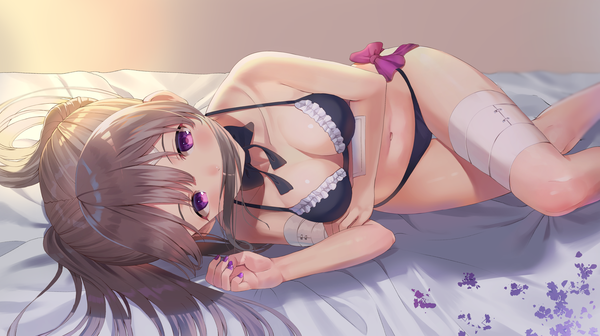 Anime picture 4856x2726 with idolmaster idolmaster shiny colors yuukoku kiriko rangen single long hair looking at viewer blush fringe highres breasts light erotic brown hair wide image large breasts purple eyes twintails bare shoulders absurdres cleavage