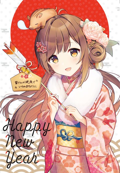 Anime picture 1500x2173 with original cona kinaco single long hair tall image looking at viewer blush open mouth brown eyes traditional clothes :d japanese clothes hair bun (hair buns) new year happy new year animal on head egasumi zodiac seigaiha chinese zodiac
