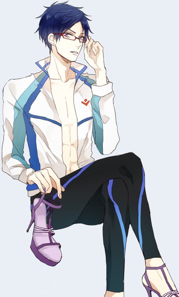 Anime picture 580x959 with free! kyoto animation ryugazaki rei shijima tohiro single tall image looking at viewer short hair sitting purple eyes blue hair parted lips high heels crossed legs adjusting glasses boy glasses sandals sports jacket swimming trunks