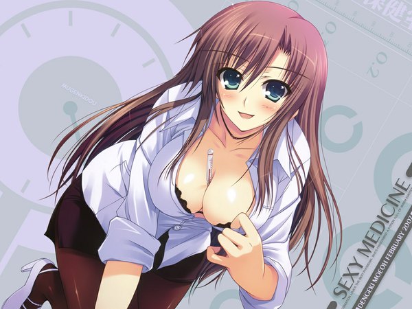 Anime picture 1024x768 with tomose shunsaku breasts light erotic brown hair green eyes cleavage shirt thermometer