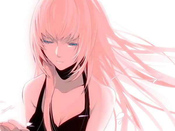 Anime picture 1000x750 with vocaloid megurine luka manyako (mohumohu) single long hair fringe breasts simple background white background pink hair cleavage aqua eyes alternate costume girl petals