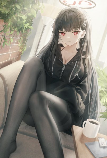 Anime picture 1474x2183 with blue archive rio (blue archive) flippy (cripine111) single long hair tall image looking at viewer fringe breasts light erotic black hair red eyes sitting bent knee (knees) indoors blunt bangs long sleeves dutch angle alternate costume convenient censoring
