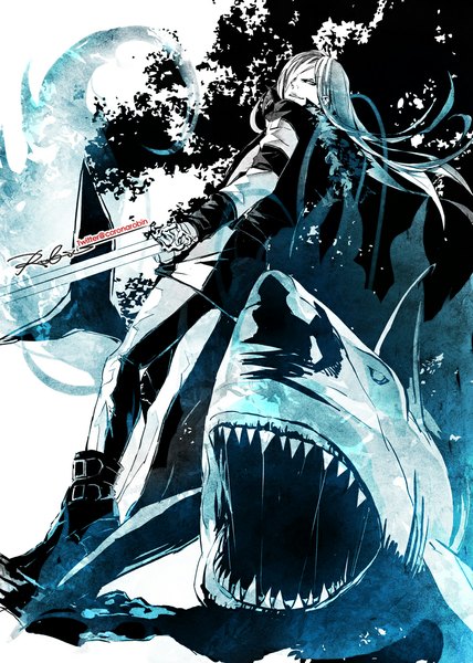 Anime picture 800x1120 with katekyou hitman reborn superbi squalo coronarobin single long hair tall image looking at viewer simple background white background teeth sharp teeth boy weapon plant (plants) sword tree (trees) boots fish (fishes) shark