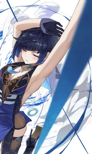 Anime picture 1800x3000 with genshin impact yelan (genshin impact) hidulume single tall image highres short hair breasts light erotic blue hair eyes closed from above arms up armpit (armpits) high heels sideboob girl gloves black gloves