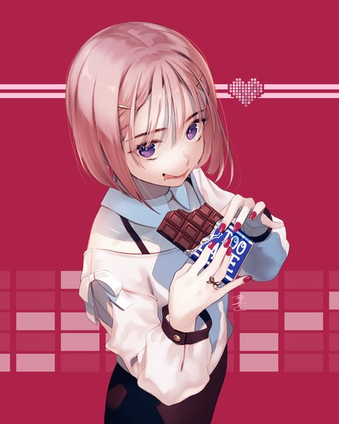 Anime picture 1200x1500 with original okeno kamoku single tall image short hair purple eyes holding signed pink hair nail polish from above red background valentine red nail polish girl food heart sweets detached collar bobby pin
