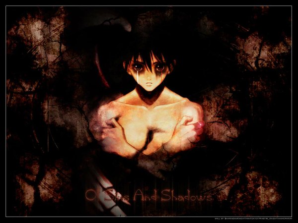 Anime picture 1280x960 with shining (series) shining tears xion magus tony taka sharinganknight single looking at viewer fringe short hair black hair hair between eyes red eyes signed upper body topless third-party edit boy