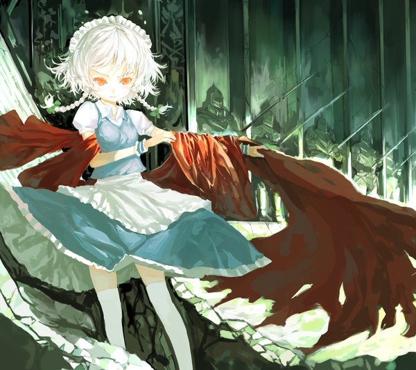 Anime picture 1800x1600 with touhou izayoi sakuya zrero single highres short hair red eyes white hair braid (braids) twin braids ruins girl thighhighs dress white thighhighs headdress maid headdress spear statue