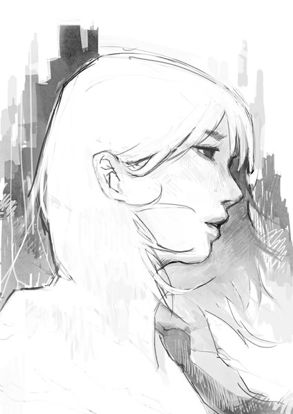 Anime-Bild 707x1000 mit original wataboku single tall image fringe short hair parted lips profile wind realistic monochrome sketch girl necktie