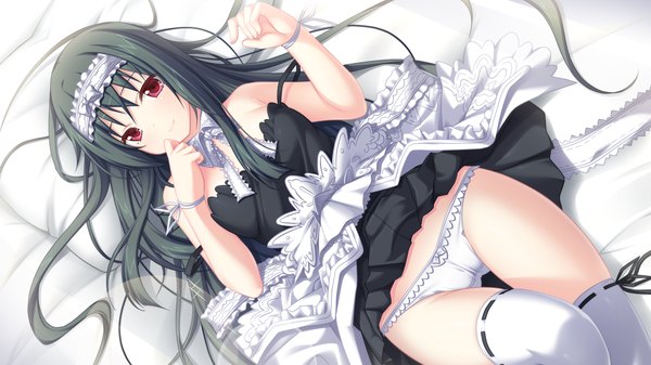 Anime picture 1280x720 with tenbin no la dea eushully single long hair looking at viewer light erotic black hair red eyes wide image game cg girl thighhighs dress underwear panties white thighhighs hairband