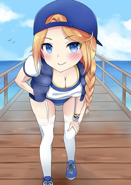 Anime picture 744x1052 with kantai collection original uss new jersey (bb-62) kaetzchen single long hair tall image looking at viewer blush fringe breasts blue eyes light erotic blonde hair smile sky cloud (clouds) braid (braids) light smile arm support