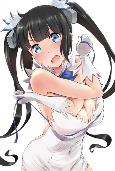 Anime picture 1181x1748 with dungeon ni deai wo motomeru no wa machigatteiru darou ka j.c. staff hestia (danmachi) wa (genryusui) single long hair tall image looking at viewer blush fringe breasts open mouth blue eyes light erotic black hair smile twintails bare shoulders holding cleavage