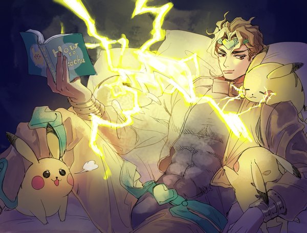 イラスト 1000x761 と ポケットモンスタ ジョジョの奇妙な冒険 nintendo ピカチュウ dio brando halu-ca ソロ 短い髪 金髪 笑顔 赤い目 looking away reclining 筋肉 版権クロスオーバー messy hair electricity gen 1 pokemon 男性 動物