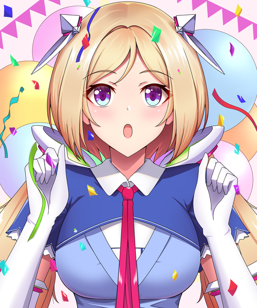 Anime picture 3414x4096 with virtual youtuber hololive aki rosenthal sei joshikou single long hair tall image highres open mouth blonde hair purple eyes twintails absurdres upper body :o low twintails girl gloves elbow gloves white gloves