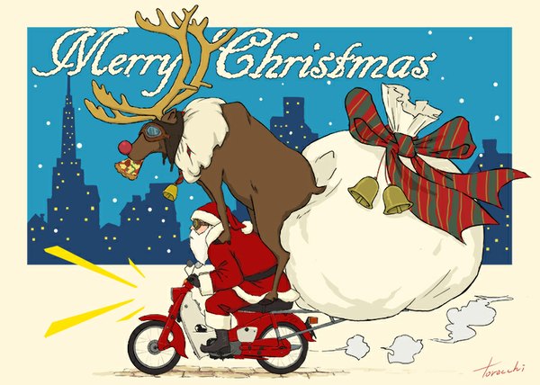 Anime picture 800x571 with original santa claus rudolph the red nosed reindeer goke shike (altamira05) signed profile wide sleeves leaning leaning forward border snowing christmas winter smoke silhouette merry christmas riding old man boy gloves