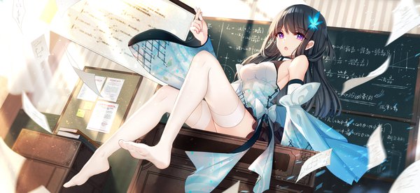 Anime picture 2340x1080 with witch's weapon bison cangshu single long hair looking at viewer fringe highres breasts open mouth light erotic black hair wide image purple eyes holding full body indoors wind sunlight wide sleeves no shoes