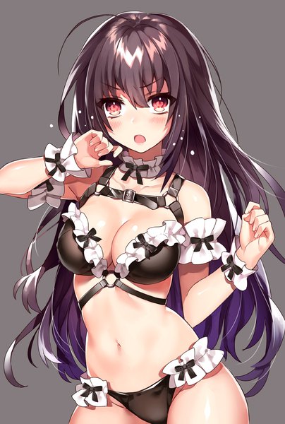 Anime picture 800x1186 with original comeo single long hair tall image looking at viewer blush fringe breasts open mouth light erotic simple background hair between eyes red eyes brown hair standing cleavage ahoge grey background underwear only