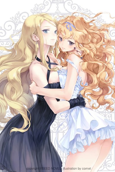 Anime picture 600x900 with revenge & lady comet (teamon) long hair tall image looking at viewer blue eyes blonde hair multiple girls hug wavy hair shoujo ai girl dress 2 girls